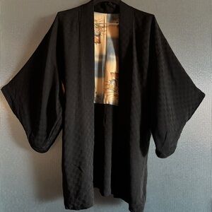 Vintage Japanese Haori Kimono Jacket Black Silk Lined Cardigan - Boho Unisex M